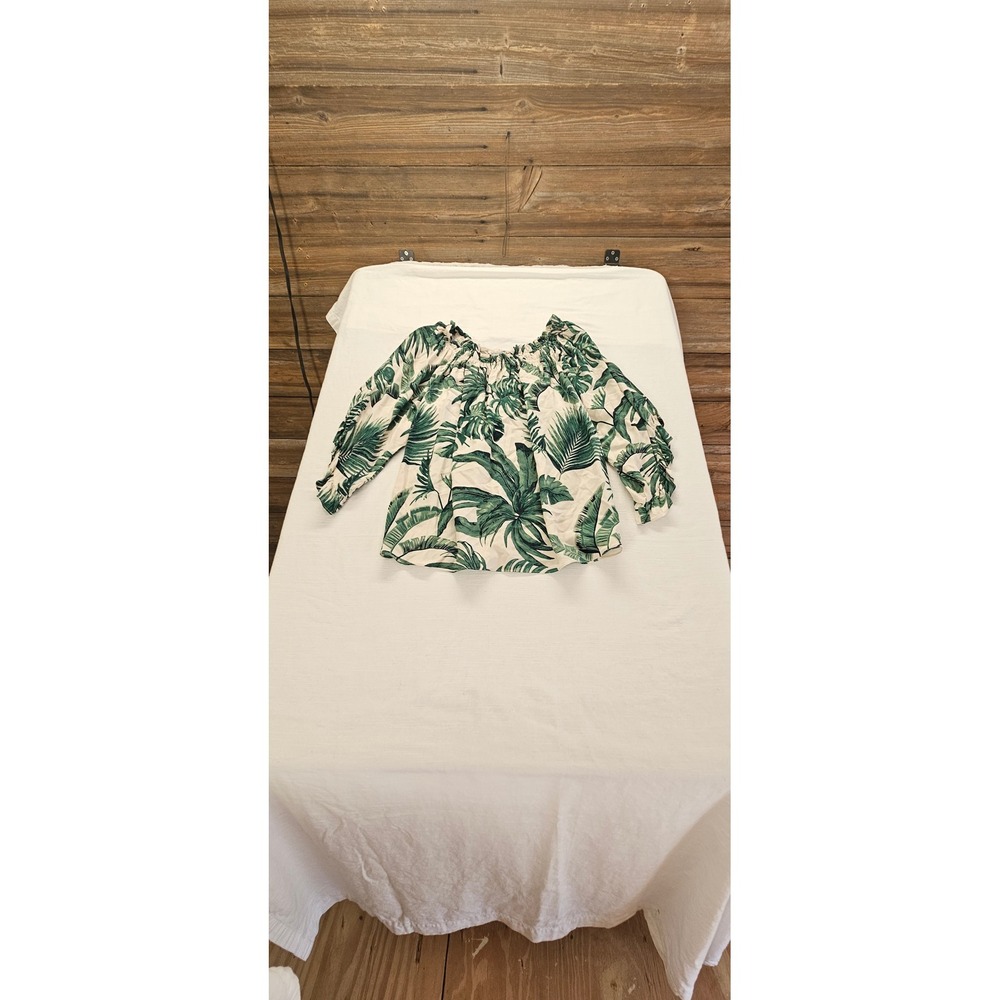 Marc New York Andrew Marc Green Palm Leaf Tropical Off Shoulder Ruffle Top M